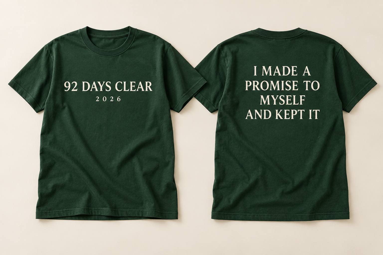 Concept for a forest green 92 Days Clear T-shirt, with a promise-kept message on the back